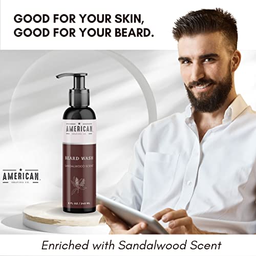 American Shaving Co Beard Wash with Sandalwood Scent, Jojoba Oil & Argan Oil, Soothing & Moisturizing Beard Care For All Types of Skin & Beard Hair, Softens and soothes the Beard itches, A Sandalwood scent infused Natural Beard Cream, 8 Oz