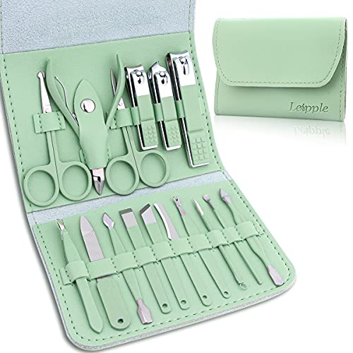 Leipple Manicure Set Professional Nail Clippers Pedicure Kit - 16 pcs Stainless Steel Grooming Kit - Nail Care Tools with Luxurious Travel Leather Case(Green)