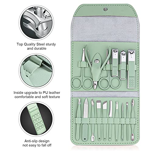 Leipple Manicure Set Professional Nail Clippers Pedicure Kit - 16 pcs Stainless Steel Grooming Kit - Nail Care Tools with Luxurious Travel Leather Case(Green)