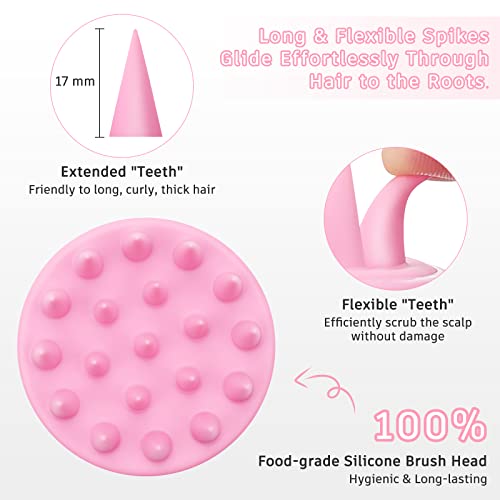FREATECH Scalp Massager Shampoo Brush with Long & Flexible Silicone Bristles for Hair Care and Head Relaxation, Glide Through Hair Easily, Dandruff Removal and Itching Relief, Wet and Dry, Pink