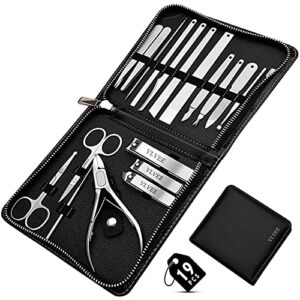 vlvee nail clippers, 19pcs stainless home nail cutter personal care,with zipper pu leather fingernail clipper grooming set,gifts for men,women