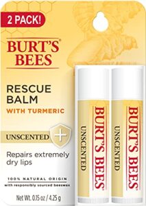 burt’s bees 100% natural origin rescue lip balm with beeswax and antioxidant-rich turmeric promotes healing of extremely dry lips, unscented, 2 tubes in blister box