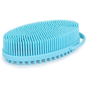 freatech exfoliating silicone body scrubber with built-in loop handle, dual-sided bath shower body brush for deep cleansing and massage, easy to hold and hang, hygienic and long-lasting, light blue
