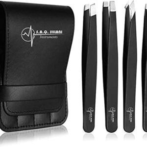 S.A.Q. JILLANI Eyebrow Precision Tweezers Set- For Men and Women Facial and Ingrown Hair Removal - Professional Stainless Steel Splinter and Slant 4 Pieces with Case (Black)