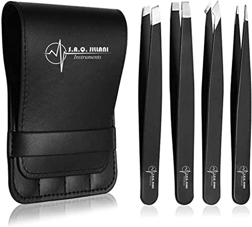 S.A.Q. JILLANI Eyebrow Precision Tweezers Set- For Men and Women Facial and Ingrown Hair Removal - Professional Stainless Steel Splinter and Slant 4 Pieces with Case (Black)