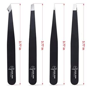 S.A.Q. JILLANI Eyebrow Precision Tweezers Set- For Men and Women Facial and Ingrown Hair Removal - Professional Stainless Steel Splinter and Slant 4 Pieces with Case (Black)