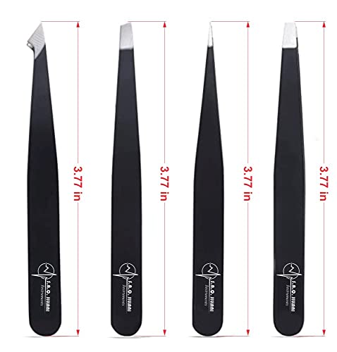 S.A.Q. JILLANI Eyebrow Precision Tweezers Set- For Men and Women Facial and Ingrown Hair Removal - Professional Stainless Steel Splinter and Slant 4 Pieces with Case (Black)