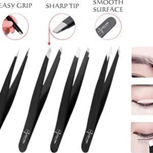 S.A.Q. JILLANI Eyebrow Precision Tweezers Set- For Men and Women Facial and Ingrown Hair Removal - Professional Stainless Steel Splinter and Slant 4 Pieces with Case (Black)