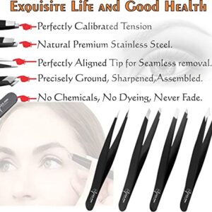 S.A.Q. JILLANI Eyebrow Precision Tweezers Set- For Men and Women Facial and Ingrown Hair Removal - Professional Stainless Steel Splinter and Slant 4 Pieces with Case (Black)