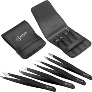 S.A.Q. JILLANI Eyebrow Precision Tweezers Set- For Men and Women Facial and Ingrown Hair Removal - Professional Stainless Steel Splinter and Slant 4 Pieces with Case (Black)