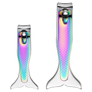 2pcs mermaid nail clipper set, fishtail design comfortable grip stainless steel easy to use fingernail scissors cutter for home use, christmas birthday stocking stuffers (multicolor)
