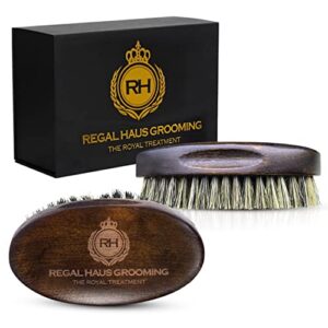 Regal Haus Grooming Premium Barber Quality Boar Bristle Beard and Mustache Brush for Men with Reusable Box- Grooming Care Products for Men - Comb Beard Oil or Balm Through Facial Hair - Military Style