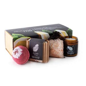 artisanal spa collection | apothecary candle, shea butter soap, bath bomb, mineral salt bath soak | handcrafted with organic ingredients (pomelo citrus)