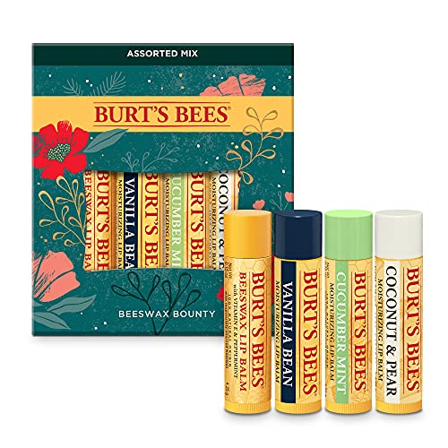 Burt’s Bees Holiday Gift, 4 Lip Balm Stocking Stuffer Products, Beeswax Bounty Assorted Set - Original Beeswax, Vanilla Bean, Cucumber Mint & Coconut Pear (Old Verison)