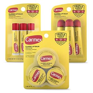 carmex medicated lip balm variety pack, lip moisturizer for dry, chapped lips: carmex classic sticks 0.15oz, 3 count, carmex classic tubes 0.35oz, 3 count, carmex classic jars 0.25oz, 3 count