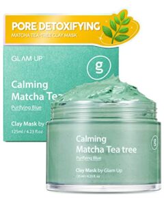 glam up – calming matcha tea tree clay mask – vegan face mask, deep cleansing, calming clay mask for acne, gentle exfoliating pore purifying skincare face mask, acne treatment, blackhead remover – (125ml/4.23 oz)