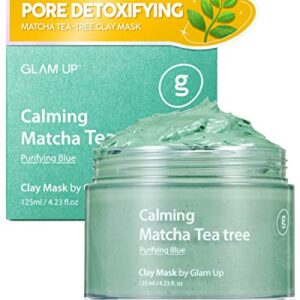 Glam Up - Calming Matcha Tea tree Clay Mask - Vegan Face Mask, Deep Cleansing, Calming Clay Mask for acne, Gentle Exfoliating Pore Purifying Skincare Face Mask, Acne Treatment, Blackhead remover - (125ml/4.23 Oz)