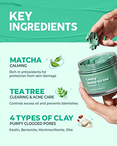 Glam Up - Calming Matcha Tea tree Clay Mask - Vegan Face Mask, Deep Cleansing, Calming Clay Mask for acne, Gentle Exfoliating Pore Purifying Skincare Face Mask, Acne Treatment, Blackhead remover - (125ml/4.23 Oz)