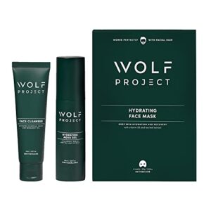 wolf project men skin care kit – advanced skin care set – anti-aging face moisturizer gel cream, hydrating charcoal face sheet mask, charcoal face cleanser – 3-pack mens facial care kit