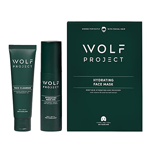 Wolf Project Men Skin Care Kit - Advanced Skin Care Set - Anti-Aging Face Moisturizer Gel Cream, Hydrating Charcoal Face Sheet Mask, Charcoal Face Cleanser - 3-Pack Mens Facial Care Kit