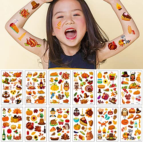 Temporary Tattoos for Kids, Thanksgiving Day Tattoos 133PCS Waterproof Body Stickers, Cute Cartoon Arm Face Fake Tattoo, Holiday Party Favor Supplies Decorations Kits for Women Adults