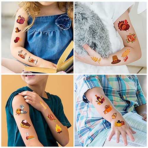 Temporary Tattoos for Kids, Thanksgiving Day Tattoos 133PCS Waterproof Body Stickers, Cute Cartoon Arm Face Fake Tattoo, Holiday Party Favor Supplies Decorations Kits for Women Adults