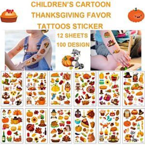 Temporary Tattoos for Kids, Thanksgiving Day Tattoos 133PCS Waterproof Body Stickers, Cute Cartoon Arm Face Fake Tattoo, Holiday Party Favor Supplies Decorations Kits for Women Adults