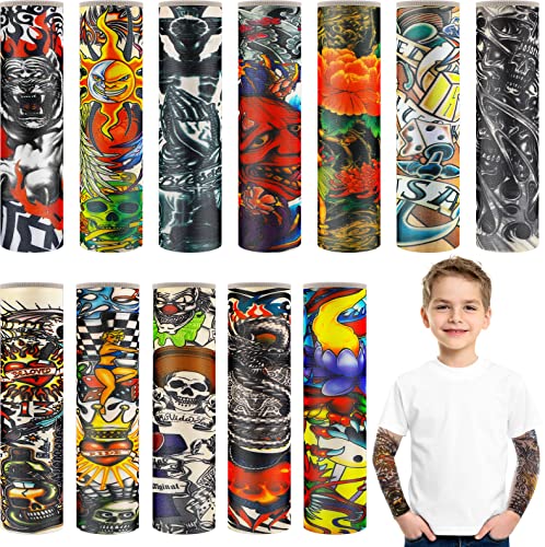 12 Pieces Tattoo Arm Sleeves for Kids Temporary Kids Tattoo Sleeve UV Sun Protection Kids Arm Sleeves (Rich Pattern)