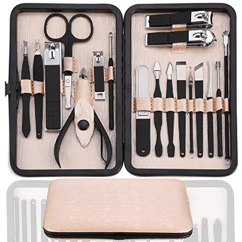 Sharp Nail Scissors and Nail Clippers Set High Precisio Stainless Steel Nail Cutter Pedicure Kit Nail File Manicure Pedicure Kit Fingernails & Toenails with stylish case (Light brown_18in1)