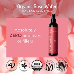 Eve Hansen Organic Rose Water Spray for Face | HUGE 8 oz Moroccan Rosewater Face Toner and Makeup Setting Spray | Soothing Neck and Face Mist to Reduce Eye Puffiness, Dark Circles and Redness