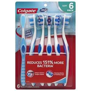 colgate 360° toothbrush with tongue and cheek cleaner, soft – 6 count