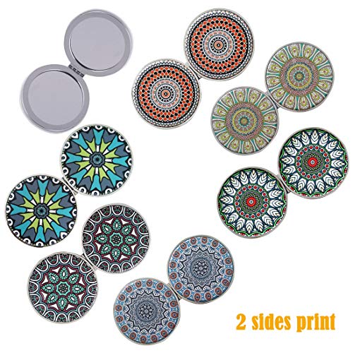 Beaufy Small Magnifying Travel Compact Mirror Bulk Mini Round Pocket Purse Makeup Mirrors Set Folding Portable Handheld 1x/2x Magnification Double Sided Mandala Gift for Women Girls Men Pack of 6