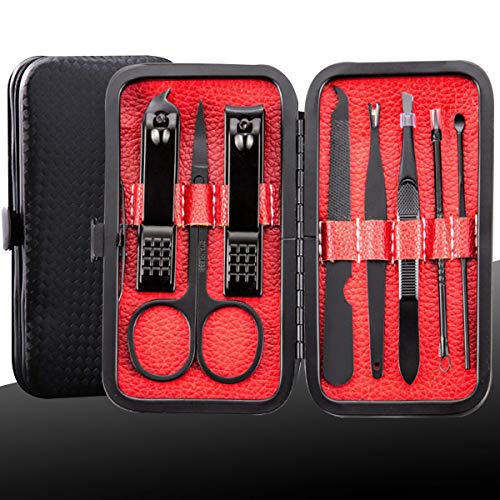 Manicure Kit Nail Clippers Set Stainless Steel Professional Pedicure Black 8 in 1 Grooming Nail Scissors Cutter Ear Pick Tweezers Scissors Eyebrow Nail file for Man&Women gift (black/red_8in1)