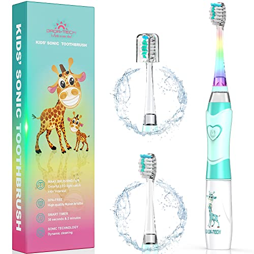 DADA-TECH Kids Electric Toothbrush Toddler Sonic Battery Powered Rainbow Light Up Vibrating Tooth Brush with 2 Minutes Timer for Children Boys Girls Ages 2+ Years Old, 3 Soft Brush Heads (Green)