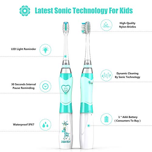 DADA-TECH Kids Electric Toothbrush Toddler Sonic Battery Powered Rainbow Light Up Vibrating Tooth Brush with 2 Minutes Timer for Children Boys Girls Ages 2+ Years Old, 3 Soft Brush Heads (Green)