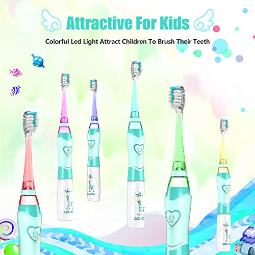 DADA-TECH Kids Electric Toothbrush Toddler Sonic Battery Powered Rainbow Light Up Vibrating Tooth Brush with 2 Minutes Timer for Children Boys Girls Ages 2+ Years Old, 3 Soft Brush Heads (Green)