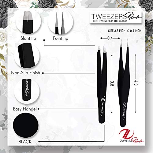 Zayraz style tweezer Set Slant Pointed Tweezer for Ingrown Hair. Precision Sharp Needle Nose Pointed Tweezers for Splinters -Set of Point and Slant Stainless Steel Tweezers for Eyebrow Plucking