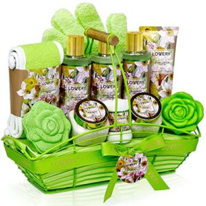 home spa gift baskets for women, bath and body gift basket, magnolia & jasmine home spa set, fragrant lotions, bath bomb, towel, shower gloves, green wired bread basket & more, 13pcs