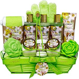 Home Spa Gift Baskets For Women, Bath and Body Gift Basket, Magnolia & Jasmine Home Spa Set, Fragrant Lotions, Bath Bomb, Towel, Shower Gloves, Green Wired Bread Basket & More, 13Pcs