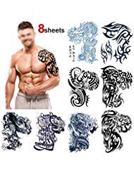 konsait large temporary tattoos half arm chest tattoo men tribal totem tattoo make up body art sticker for halloween party supplies beach pool party favor decor dress up costume accessories(8sheets)