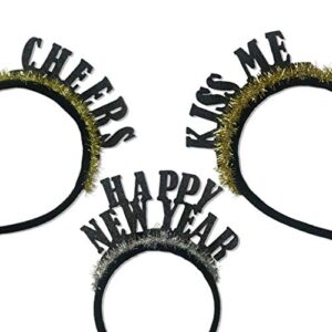 3pc happy new years headband set, kiss me cheers happy new year party favors for women, men, children great for photo booth and party