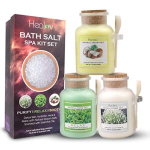 bath salt gift set, natural epsom salts scented with essential oils – spa kit with 3 individual pouches, wooden scoop, gift box – detox skin, hydrate, heal & relax with aromatherapy
