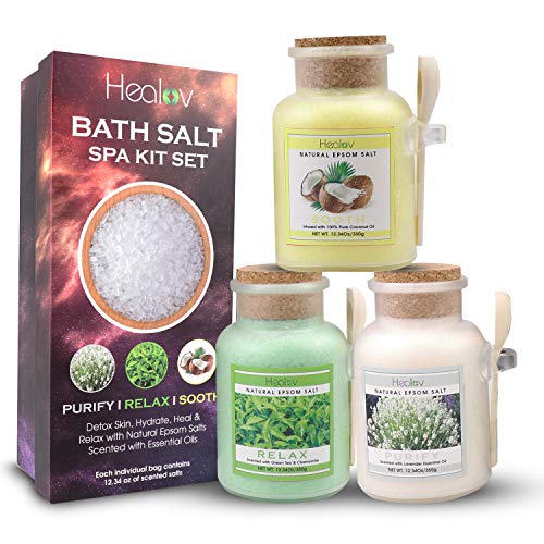 Bath Salt Gift Set, Natural Epsom Salts Scented with Essential Oils - Spa Kit with 3 Individual Pouches, Wooden Scoop, Gift Box – Detox Skin, Hydrate, Heal & Relax with Aromatherapy