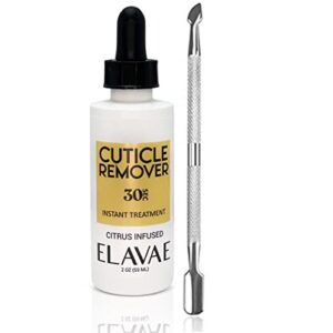 elavae instant cuticle remover 2 oz. gel cream and stainless steel cuticle pusher tool. works as a cuticle softener and remover without a cuticle trimmer or nipper. easy home manicures and pedicures.