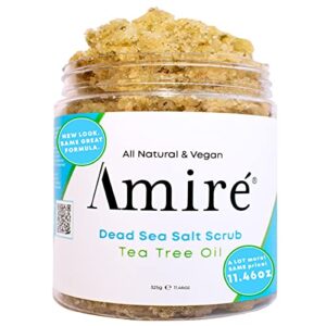 amire tea tree oil exfoliating body and foot scrub with dead sea salt, great for acne, dandruff, stinky feet, infused with argan oil and shea butter to moisturize
