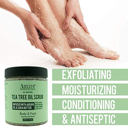 Amire Tea Tree Oil Exfoliating Body and Foot Scrub with Dead Sea Salt, Great for Acne, Dandruff, Stinky Feet, Infused with Argan Oil and Shea Butter to Moisturize