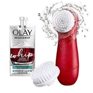 olay regenerist face cleansing device, 2 brush heads, + whip face moisturizer travel/trial size gift set