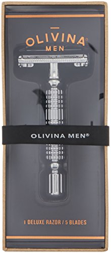 Olivina Men Safety Razor + 5 Stainless Steel Blades, Chrome Handle, 6-Piece Set