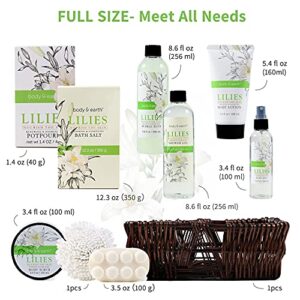 Gift Baskets for Women,Body&Earth Spa Basket Gifts for Women,Lily 10pc Spa Kit Gift Set with Bubble Bath,Shower Gel,Body Scrub,Body Lotion,Bath Salt,Birthday Gifts Set for Women,Mom,Mother's Day Gifts