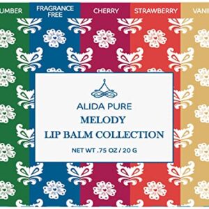 ALIDA PURE Vegan Melody Lip Balm Collection, Cruelty Free, Beeswax Free, Coconut Oil Free, 5 Lip Balm Set, Organic Jojoba Oil, Avocado Oil, and Vitamin E, Natural Moisturizing Lip Balm | Lip Gloss, for Dry, Chapped, or Cracked Lips